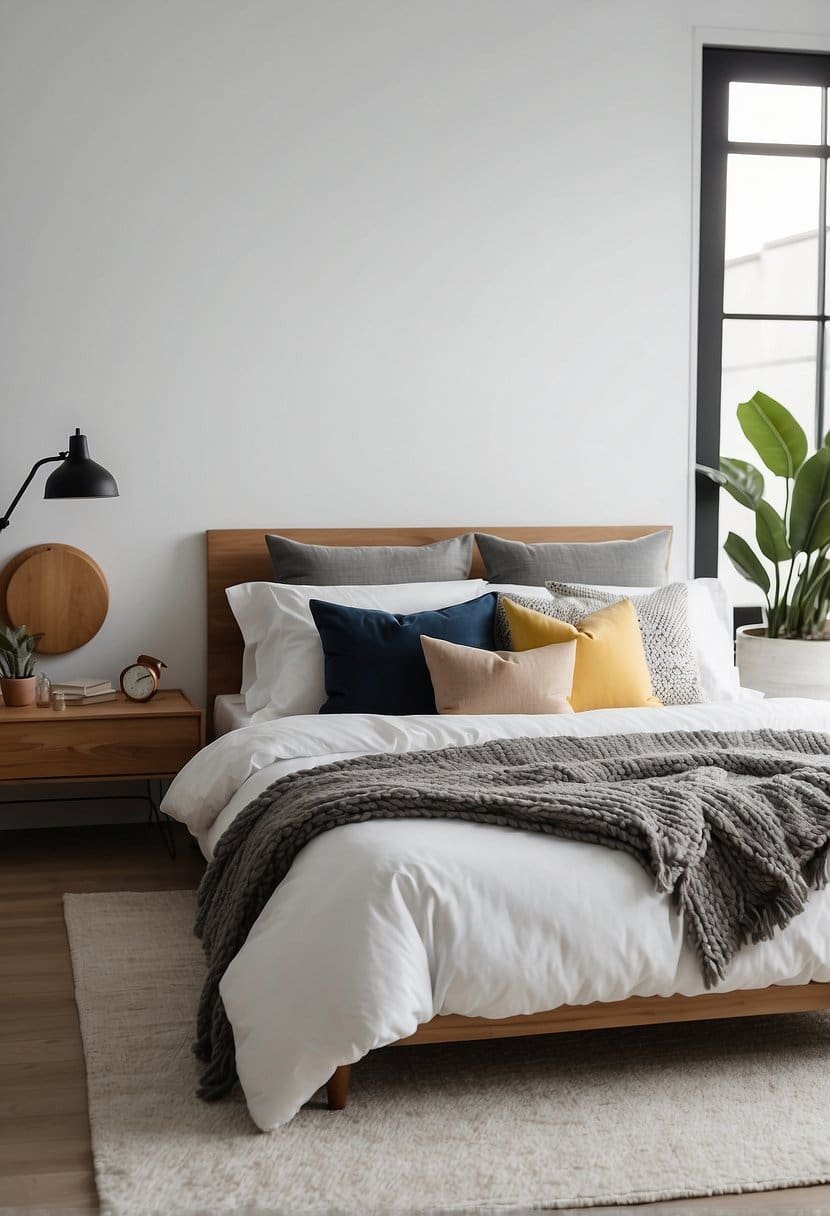 A bright white bedroom with minimalist decor, featuring a cozy bed, sleek furniture, and pops of color in the form of throw pillows and artwork