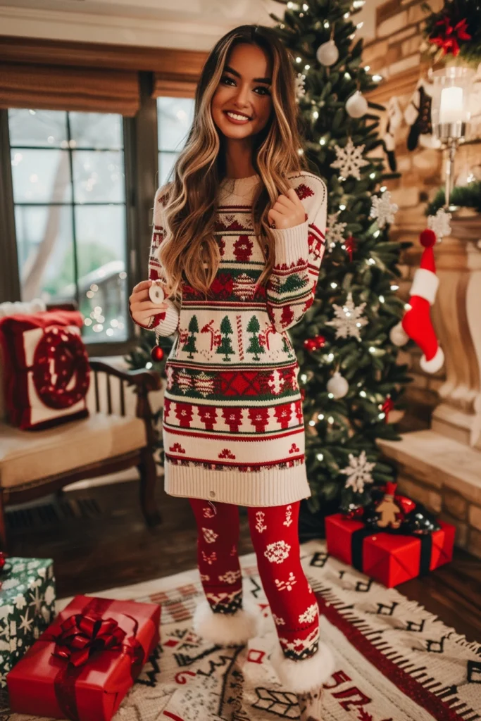 Christmas Sweater Dress + Leggings + Slippers