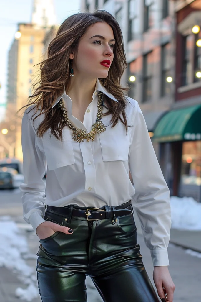 Leather Pants + White Button-Down Shirt + Statement Necklace