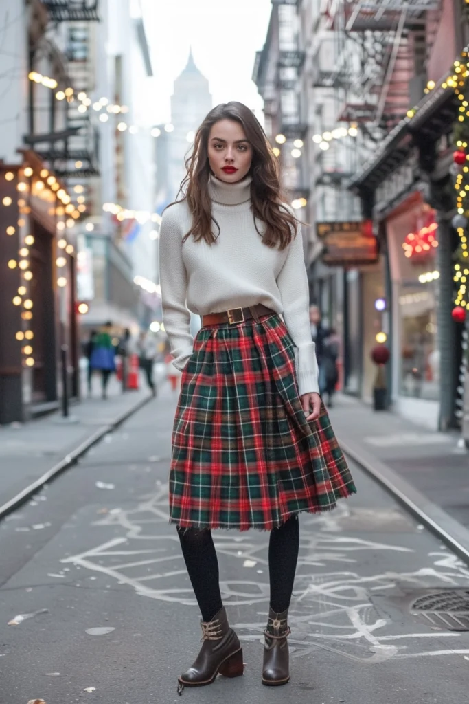 Plaid Skirt + Turtleneck Sweater + Ankle Boots