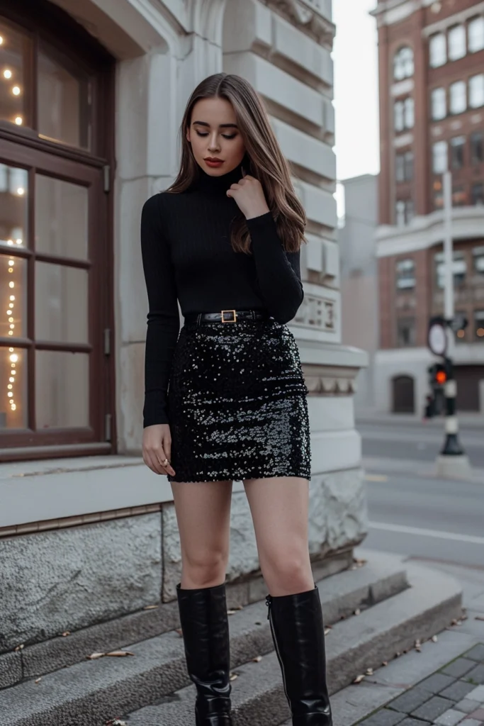 Sequin Skirt + Black Turtleneck + Ankle Boots