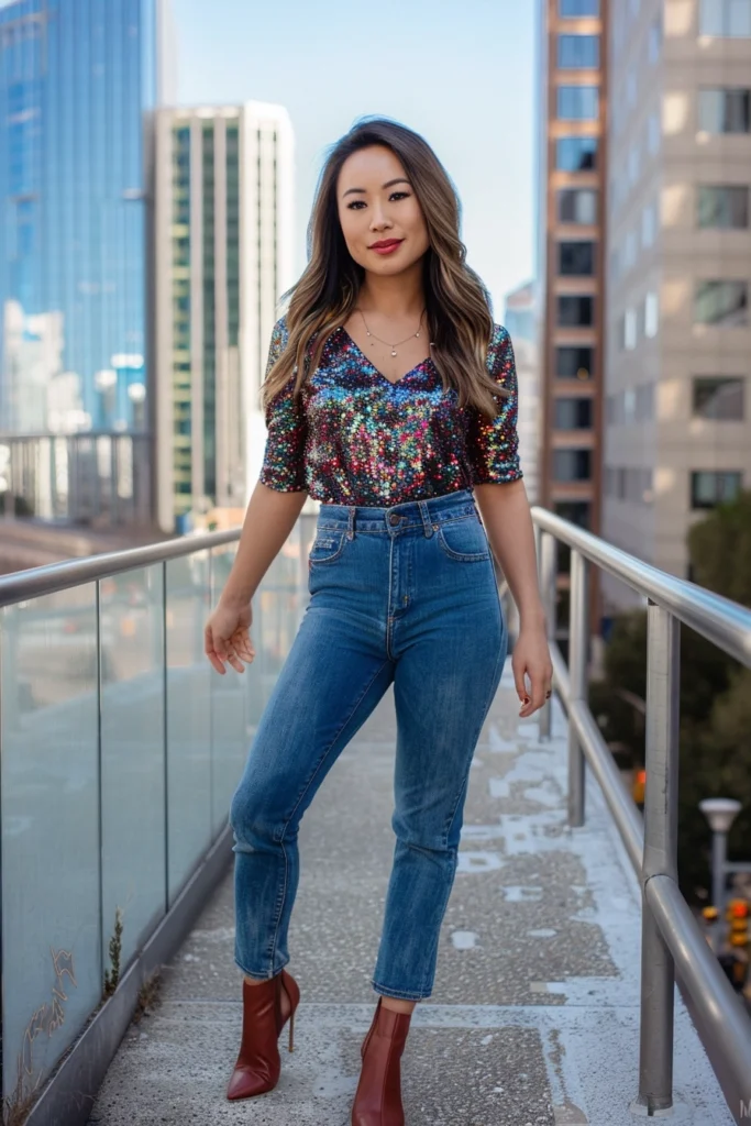 Sparkly Top + High-Waisted Jeans + Pointed Flats