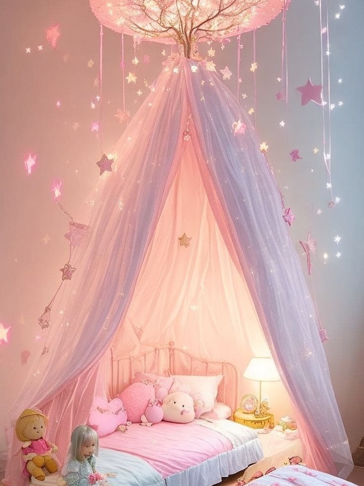girls bedroom with a dreamy canopy