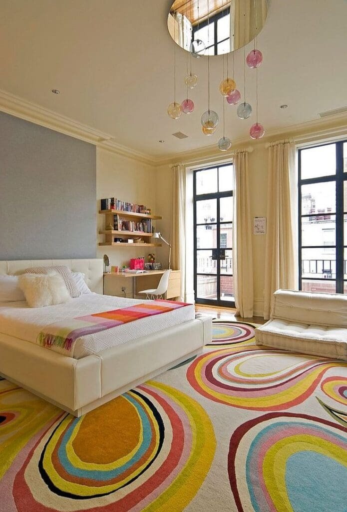 girls bedroom with eye-catching patterns