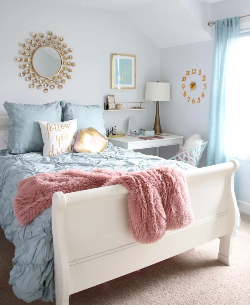 girls bedroom with sophisticated furniture pieces and chic accents