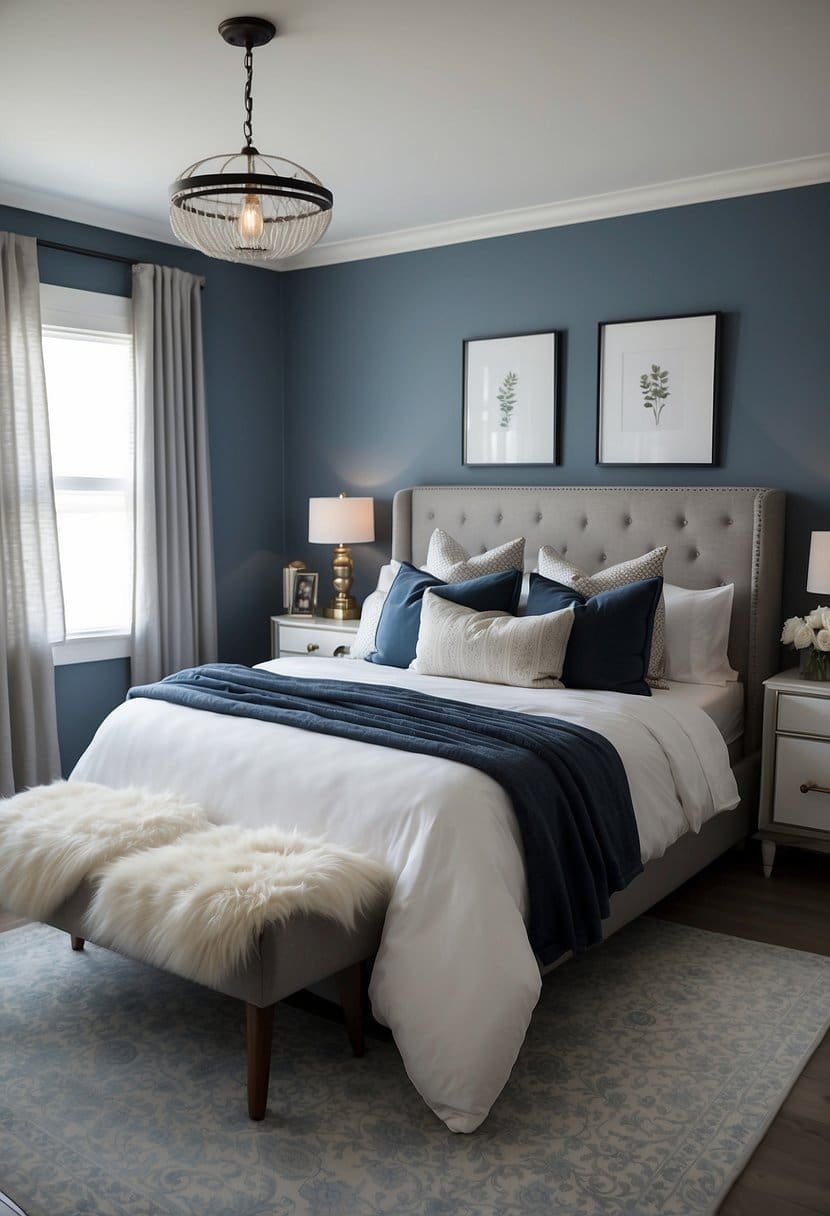 A cozy bedroom with soft blue walls, white furniture, and accents of blush pink and gold. A large window lets in natural light, and a plush rug adds warmth to the hardwood floor