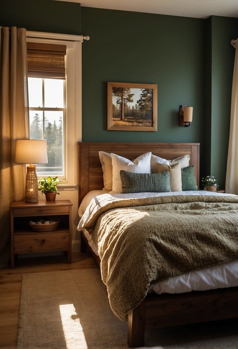 A cozy bedroom with hunter green walls, cream-colored bedding, and natural wood furniture. Sunlight streams through the window, casting a warm glow on the room