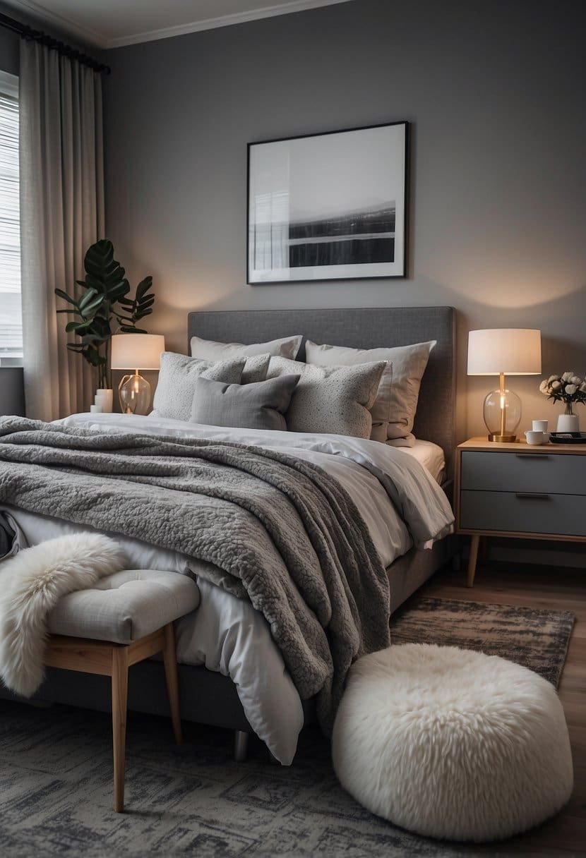 A cozy gray bedroom with modern furniture and accents. Subtle pops of color add interest to the space