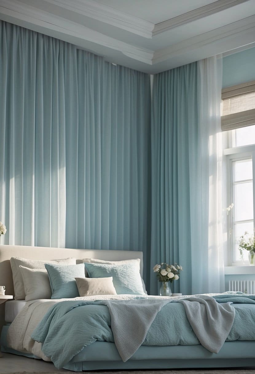 A light blue bedroom with soft, pastel walls and white furniture. Sunlight filters through sheer curtains, casting a calming glow on the room