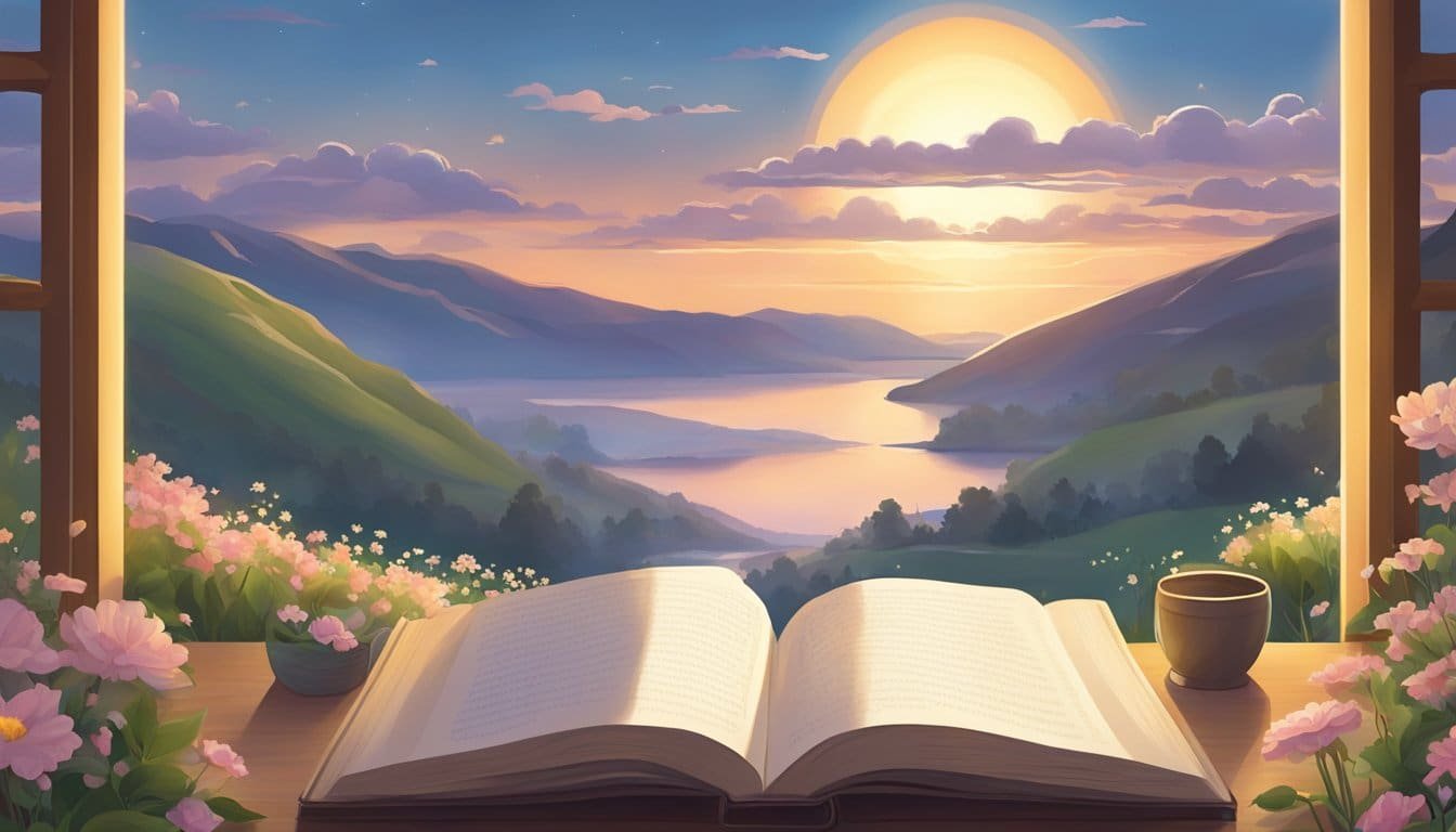 Sunrise over a serene landscape, with a beam of light illuminating a peaceful scene. A book of prayers sits open, surrounded by blooming flowers and a sense of calm