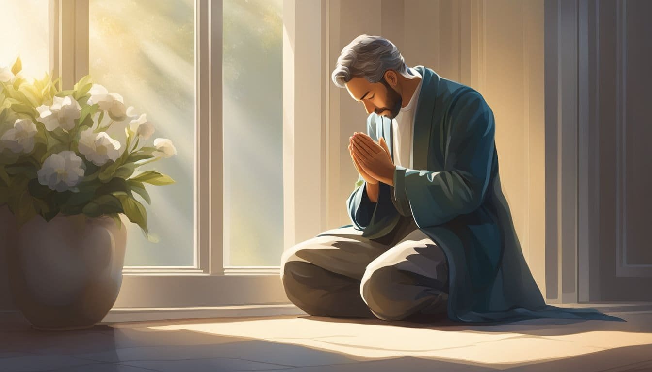 A figure kneels in prayer, head bowed and hands clasped, surrounded by soft morning light filtering through a window