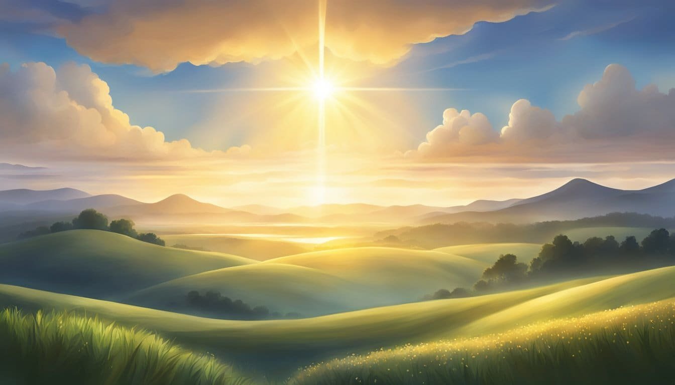 A sunrise over a serene landscape, with rays of light breaking through the clouds, symbolizing strength and hope