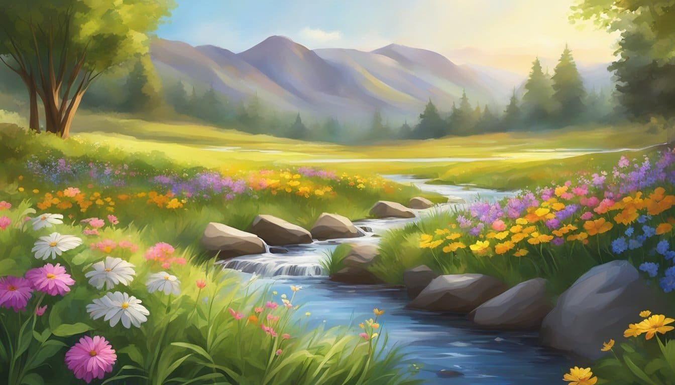 A peaceful meadow bathed in warm sunlight, with a gentle stream flowing through, surrounded by lush greenery and colorful wildflowers