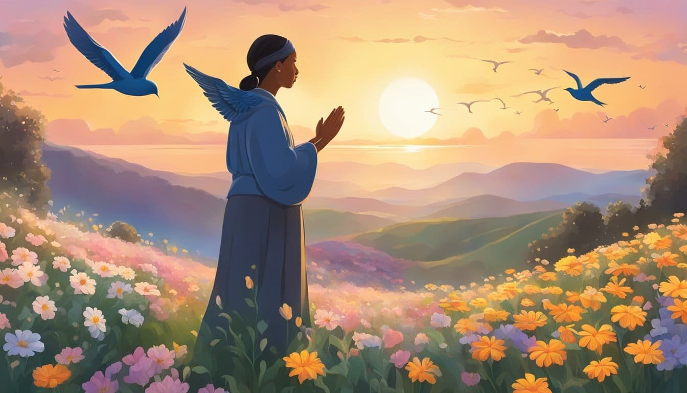 Sunrise over a serene landscape, with birds in flight and flowers in bloom, as a figure looks up in prayer