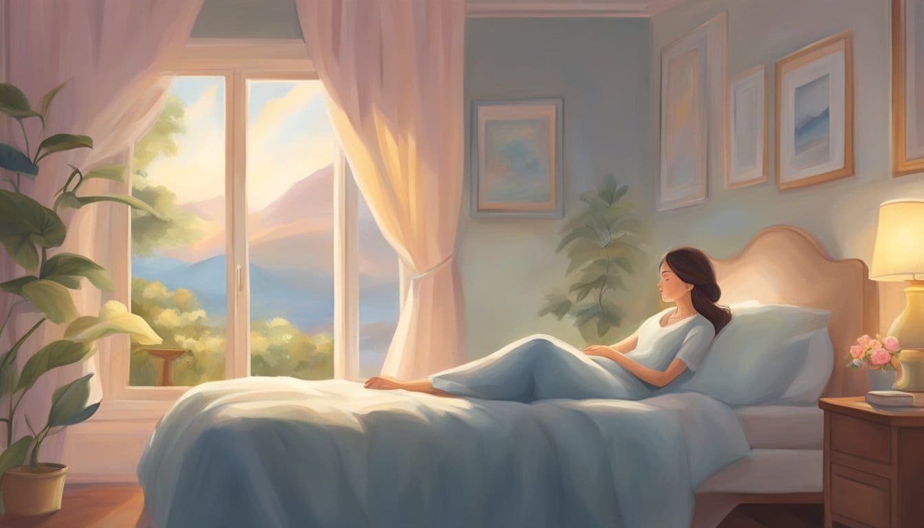 A peaceful figure rests in bed, surrounded by a calming aura. The scene exudes tranquility and comfort, evoking a sense of sweet, undisturbed sleep