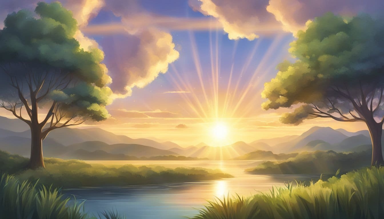 A sunrise over a peaceful landscape, with rays of light shining through the clouds. A sense of hope and positivity emanates from the scene, symbolizing the promise of a bright future