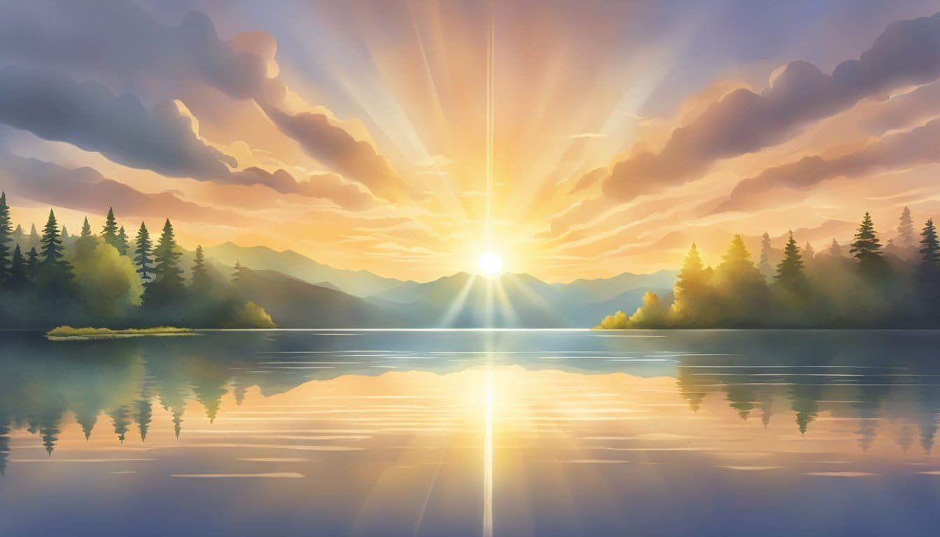 A serene sunrise over a calm lake, with rays of light breaking through the clouds, symbolizing trust and faith