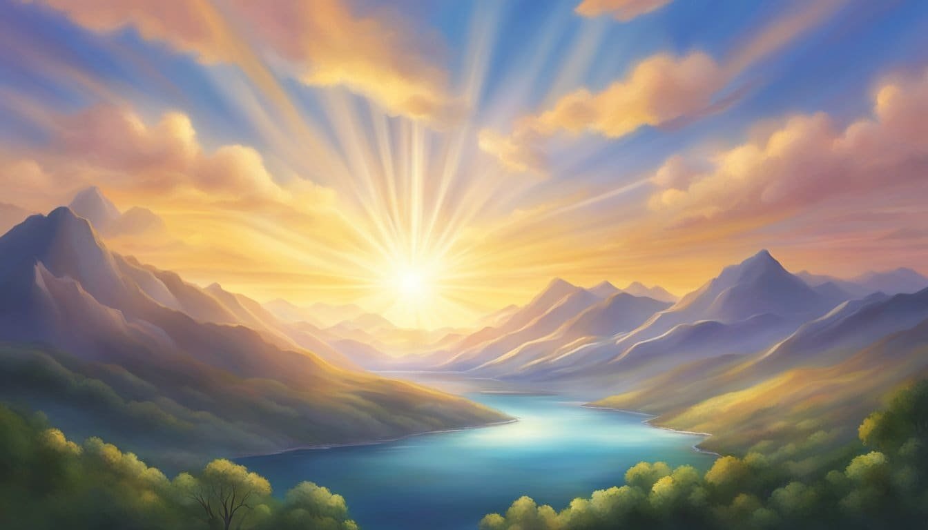A radiant sunrise over a tranquil landscape, with rays of light shining through the clouds, symbolizing the never-ending love and mercy of the Lord