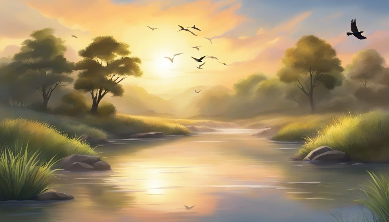 A serene sunrise over a tranquil landscape, with a gentle stream flowing and birds singing, creating a sense of peace and gratitude