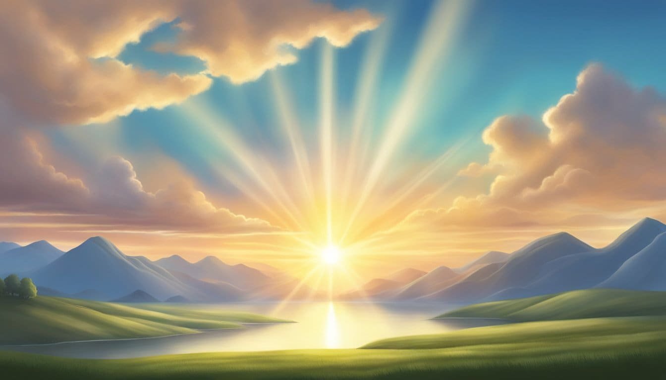 A serene sunrise over a tranquil landscape, with rays of light breaking through the clouds, symbolizing spiritual awakening and the pursuit of righteousness