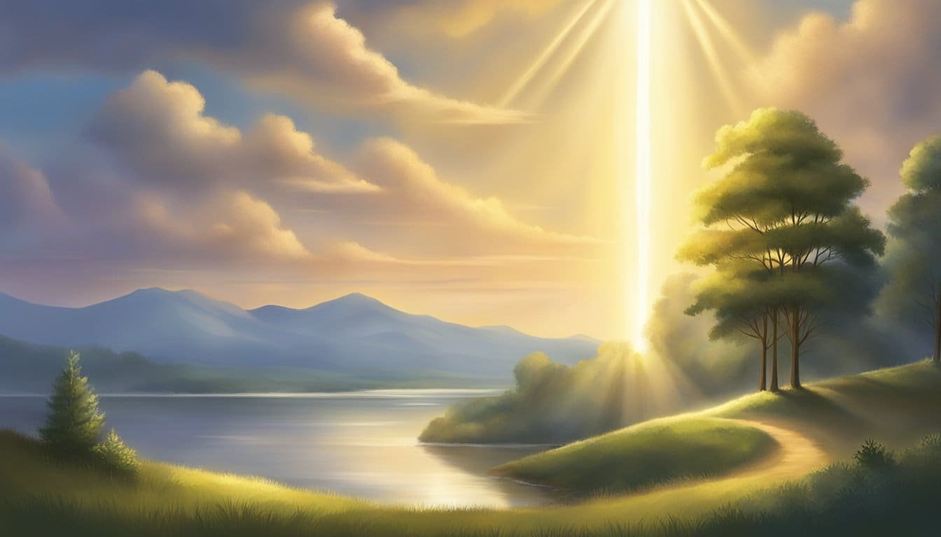 A beam of light shines down from the sky, illuminating a peaceful and serene landscape, as if a divine presence is blessing the earth with inspiration and guidance