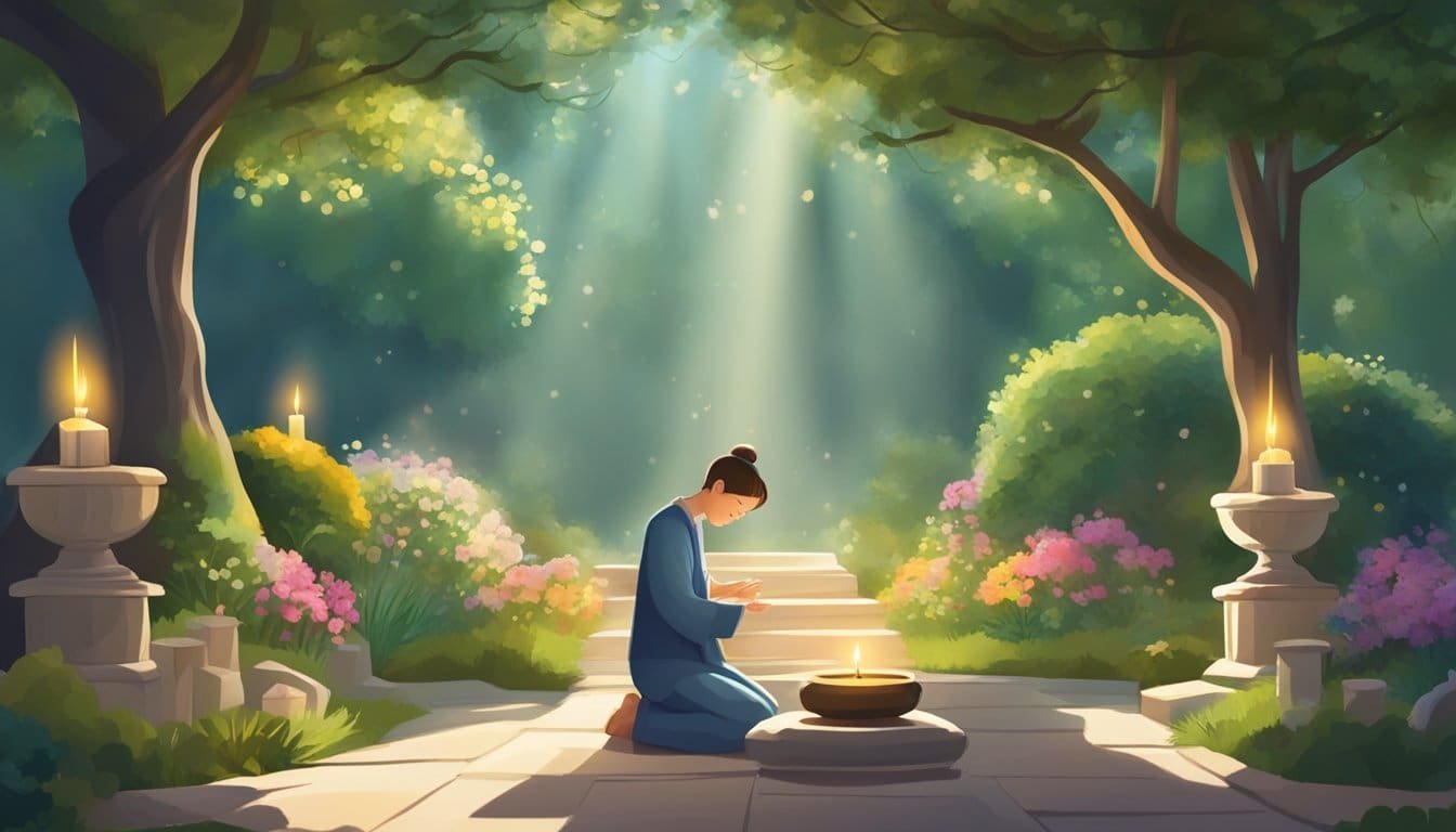 A serene garden with sunlight streaming through trees. A small altar with candles and incense. A person kneeling in prayer, surrounded by a feeling of peace and gratitude