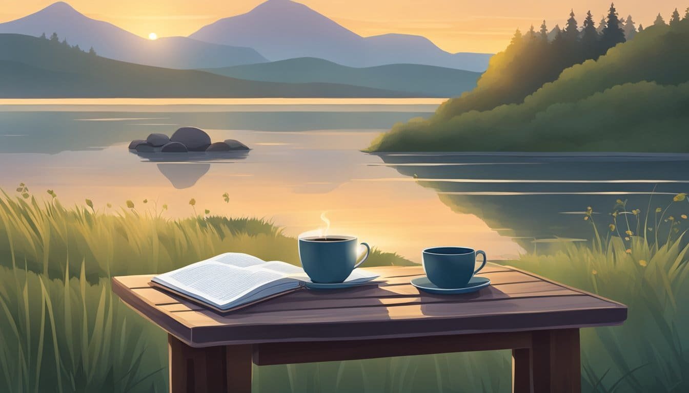 A serene sunrise over a peaceful landscape, with a small table set for morning prayer. A journal, pen, and cup of tea sit ready for reflection and gratitude