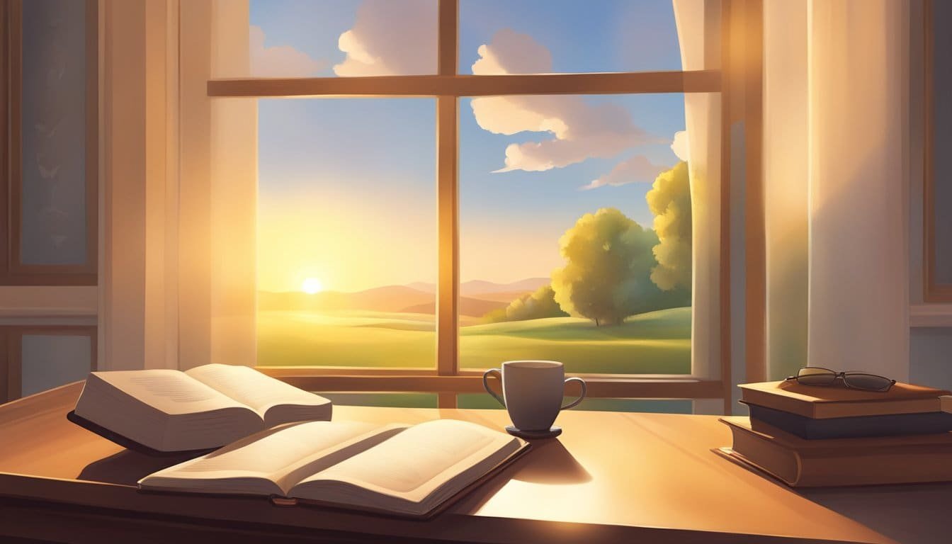 A serene morning scene with a sun rising over a peaceful landscape, with a book of prayers open on a table and a warm light illuminating the room