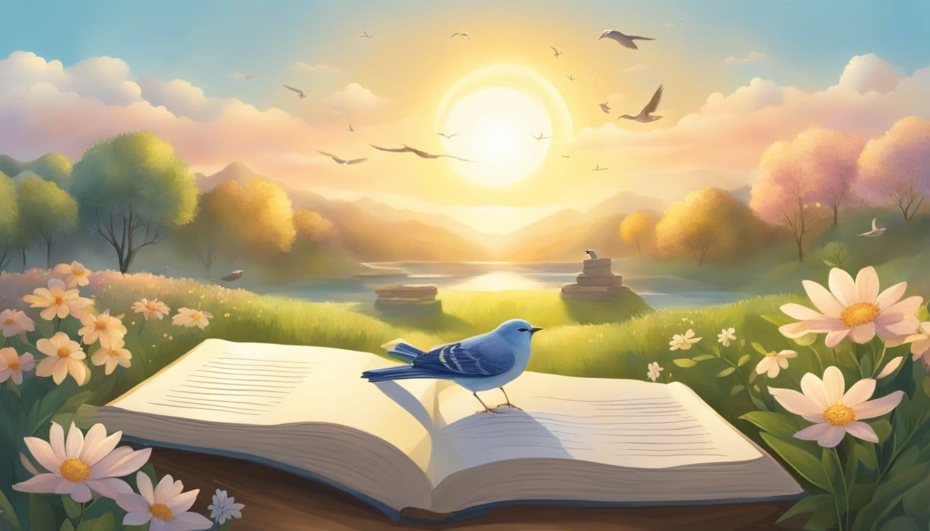 A serene morning scene with a sun rising over a peaceful landscape, surrounded by symbols of gratitude such as flowers, birds, and a journal
