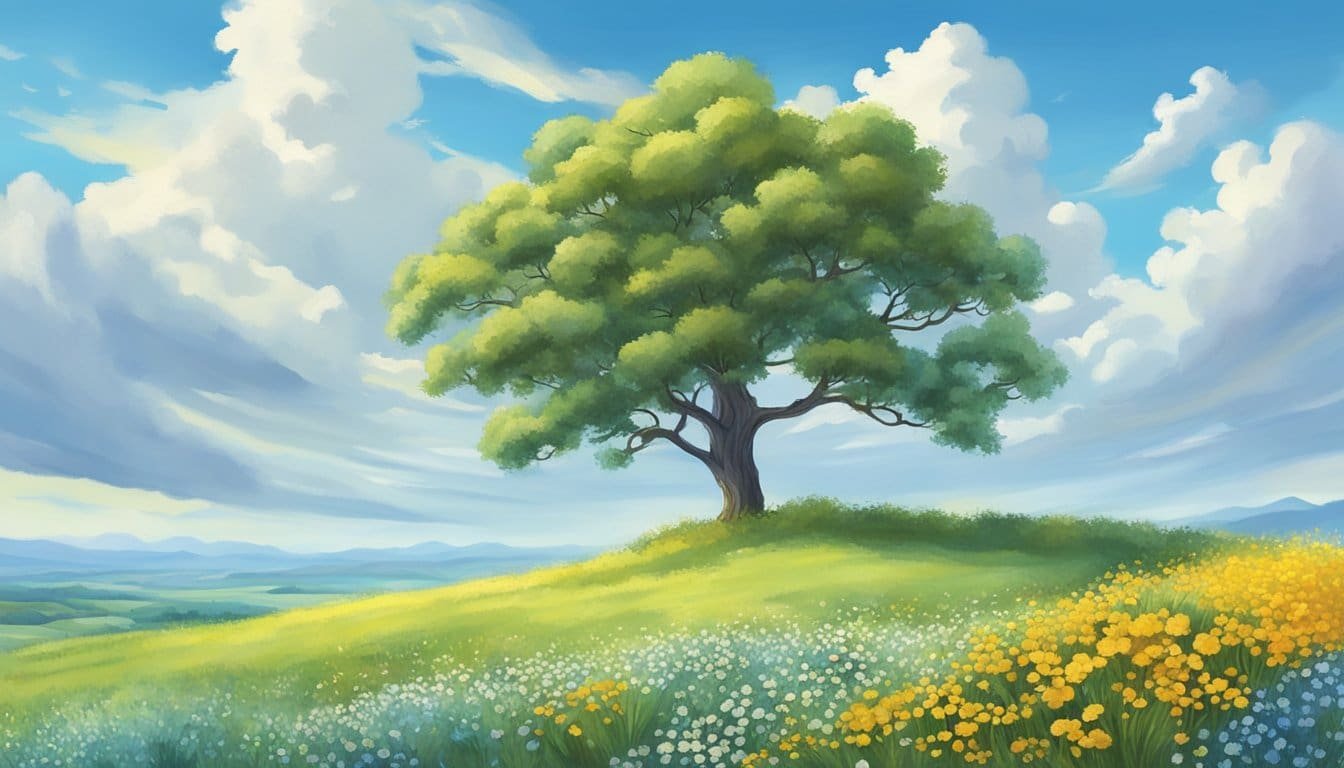A serene landscape with a lone tree standing tall amidst a field of wildflowers, under a clear blue sky with puffy white clouds