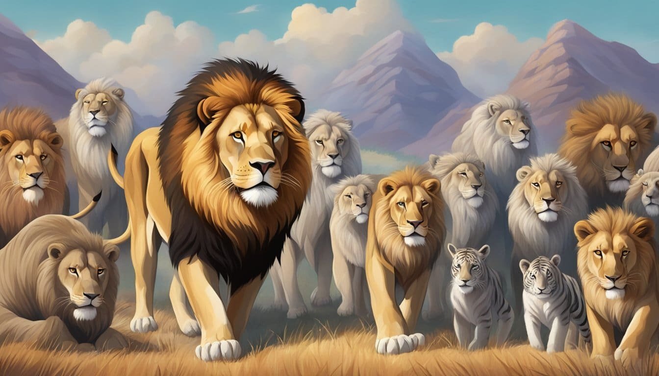 A bold lion stands fearlessly amidst a group of timid animals, symbolizing strength and courage in the face of fear