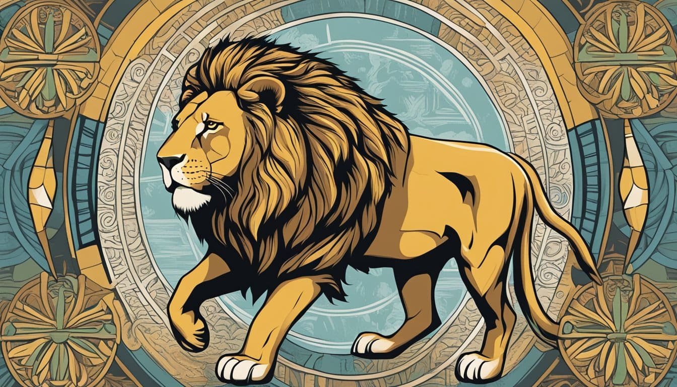 A powerful lion stands confidently, surrounded by symbols of strength and courage. The words "Be strong and courageous" are written boldly in the background
