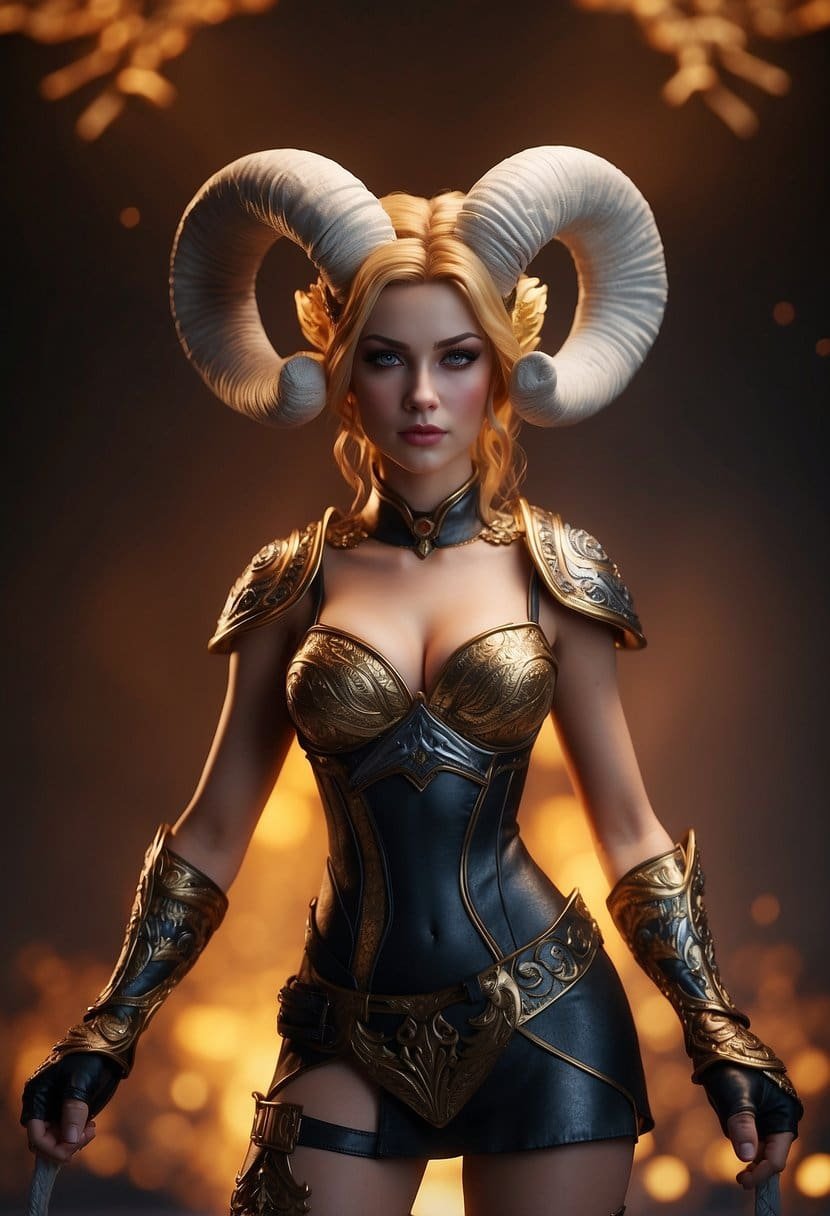 Aries stands tall, exuding confidence and strength. Her fiery gaze commands respect, and her determined stance shows she will never be controlled