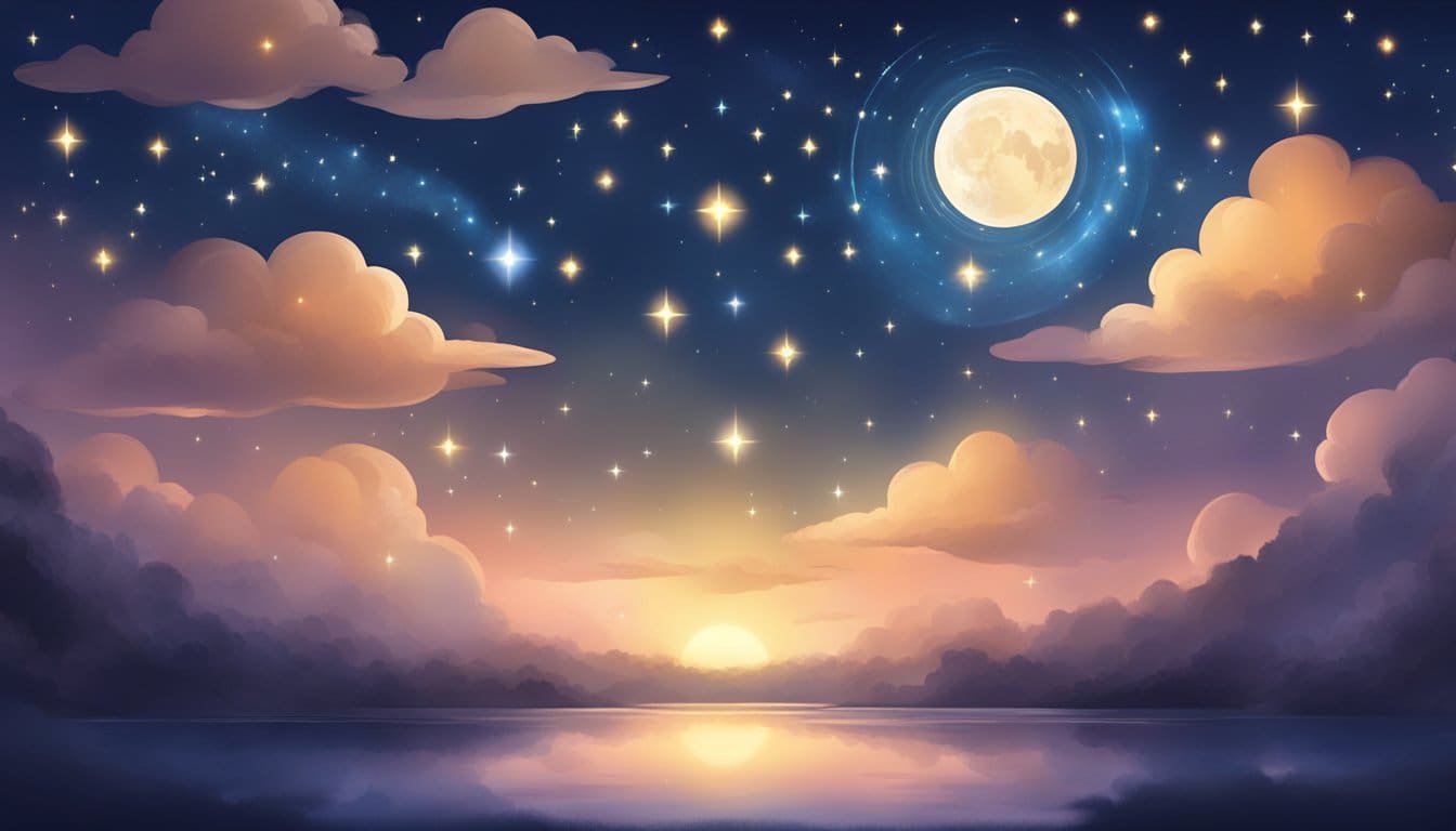 A serene night sky with 10 glowing stars, each representing a different prayer for peace and tranquility