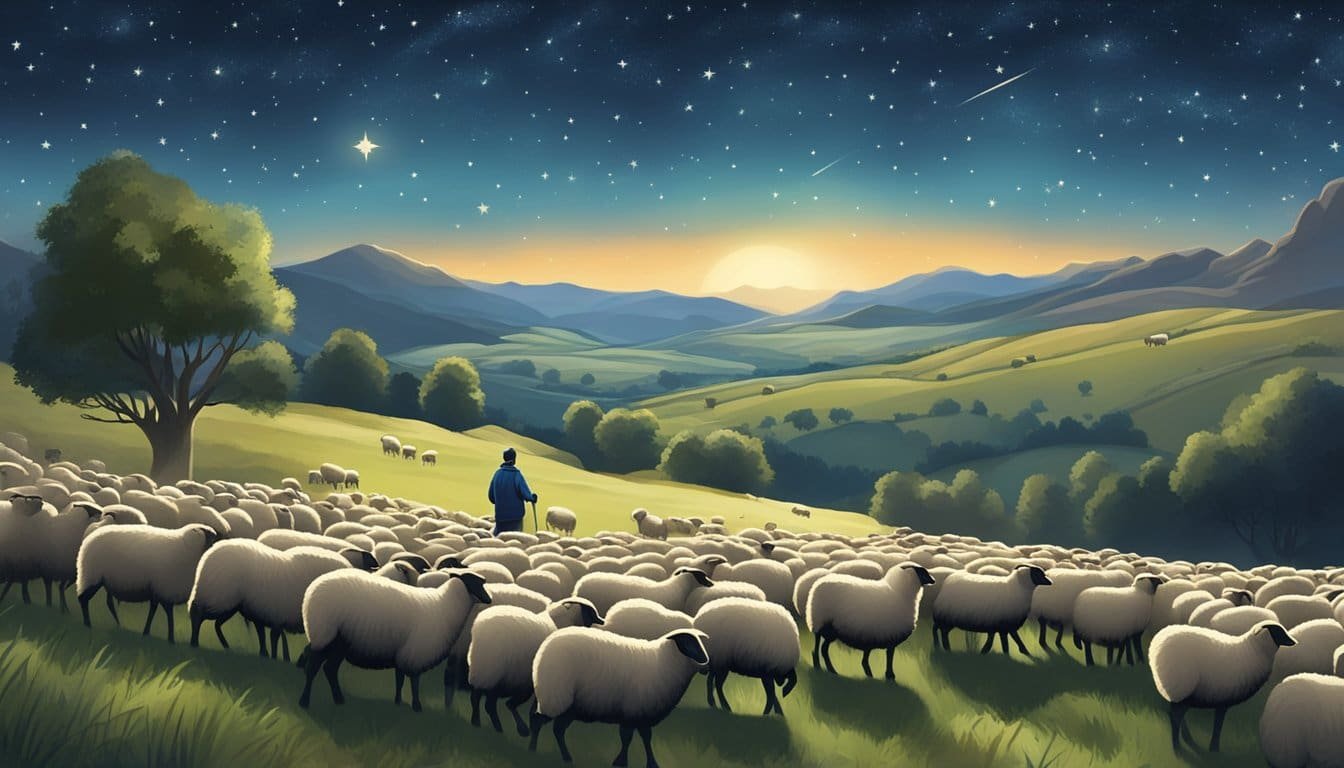 A serene landscape with a peaceful shepherd tending to a flock of sheep under a starry evening sky