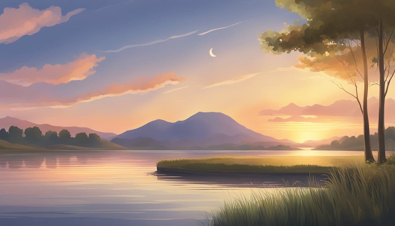 A calm, tranquil sunset over a serene landscape with a clear sky and gentle waves on a peaceful lake