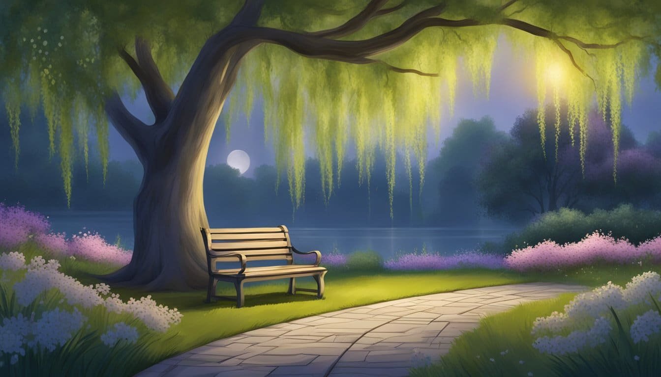 A serene, moonlit garden with a bench under a weeping willow tree, surrounded by gentle flowers and a peaceful atmosphere