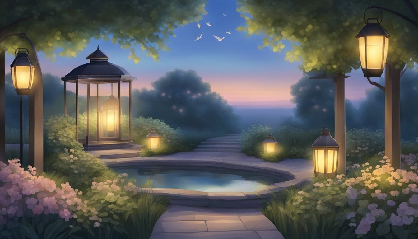 A tranquil garden at dusk, with soft, glowing lanterns and a gentle breeze. A sense of calm and serenity fills the air, as if the Holy Spirit is present, bringing peace and comfort to those who seek it