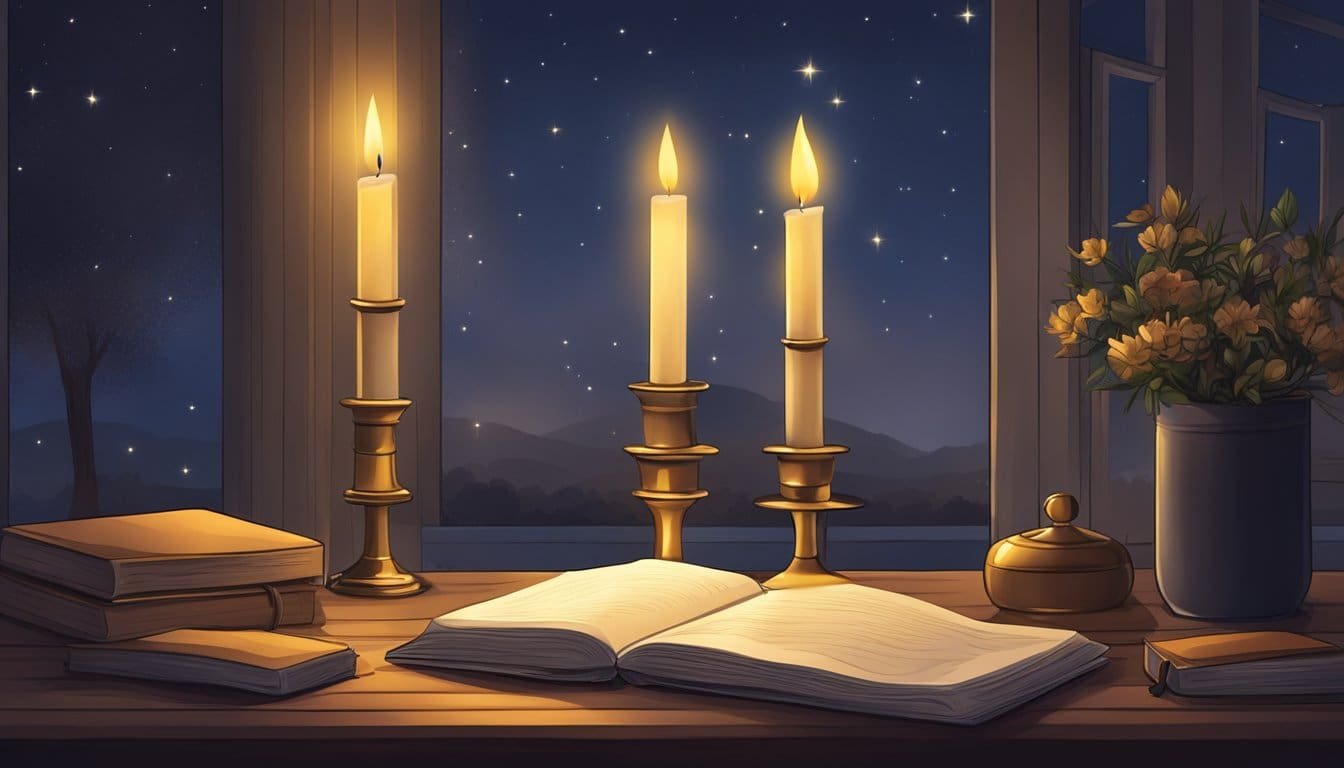 A peaceful night scene with a candlelit table for evening prayers and a journal for daily examination of conscience