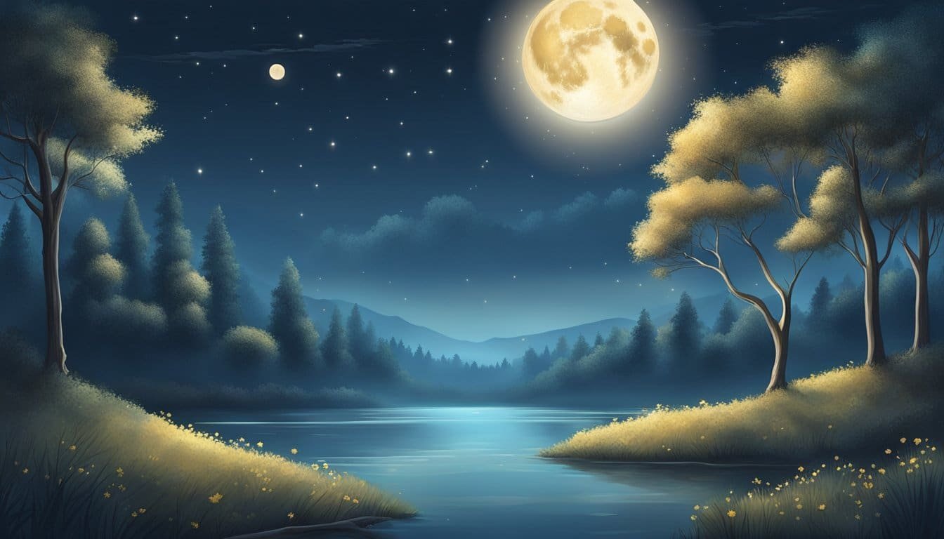 A tranquil night scene with a glowing moon and stars above, casting a peaceful light over a serene landscape. A soft breeze rustles through the trees, creating a sense of calm and tranquility