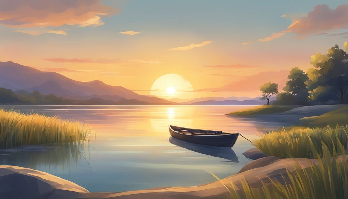 A tranquil sunset over a serene landscape, with a gentle breeze and calm waters, symbolizing peace and tranquility