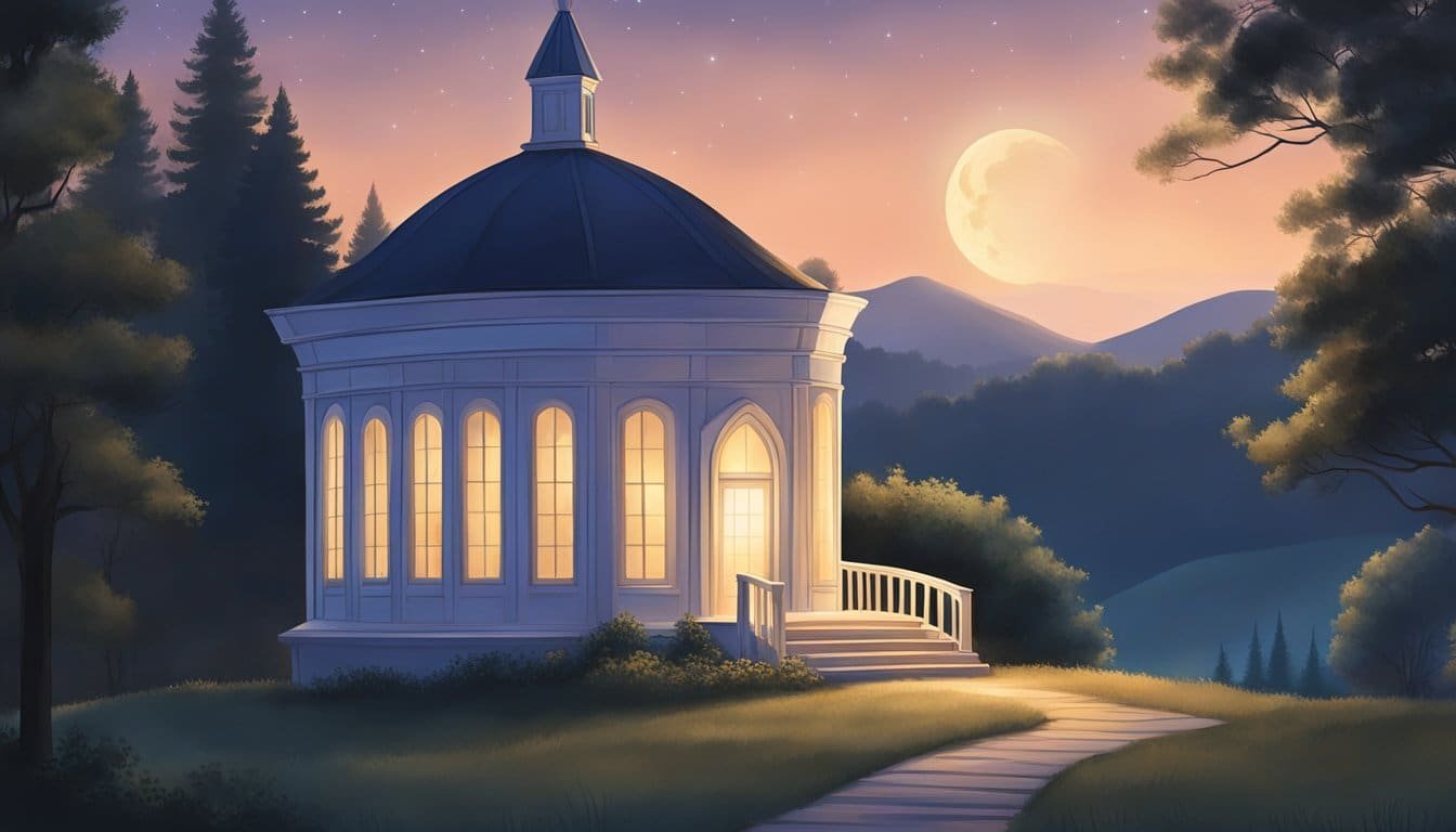 A serene night sky with a crescent moon shining above, casting a gentle glow over a peaceful landscape. A small, cozy chapel sits nestled among the trees, its windows softly illuminated as evening prayers are offered inside