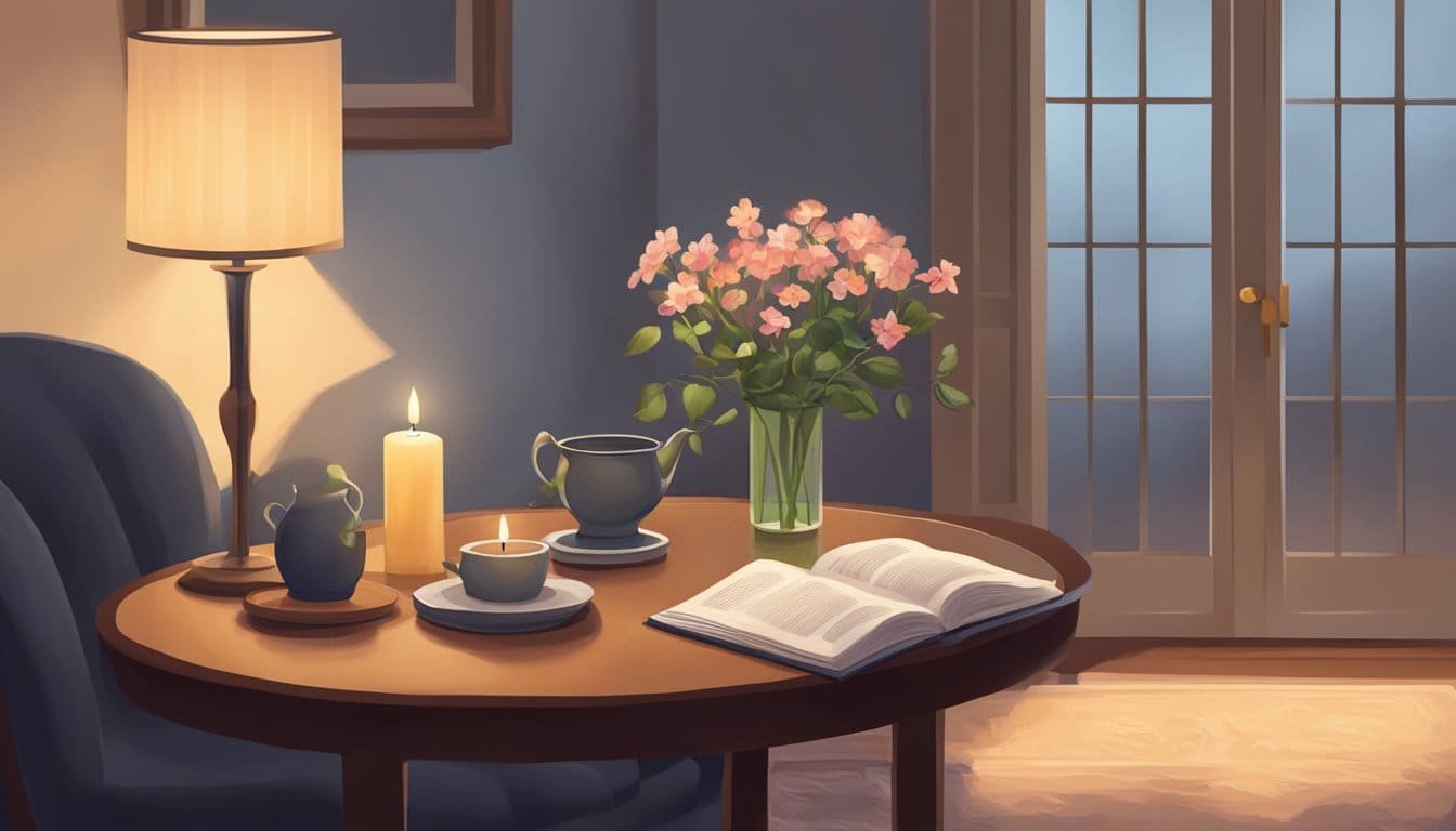 A serene, dimly lit room with a small table holding a lit candle, a prayer book, and a vase of flowers. A comfortable chair faces the table, inviting quiet contemplation