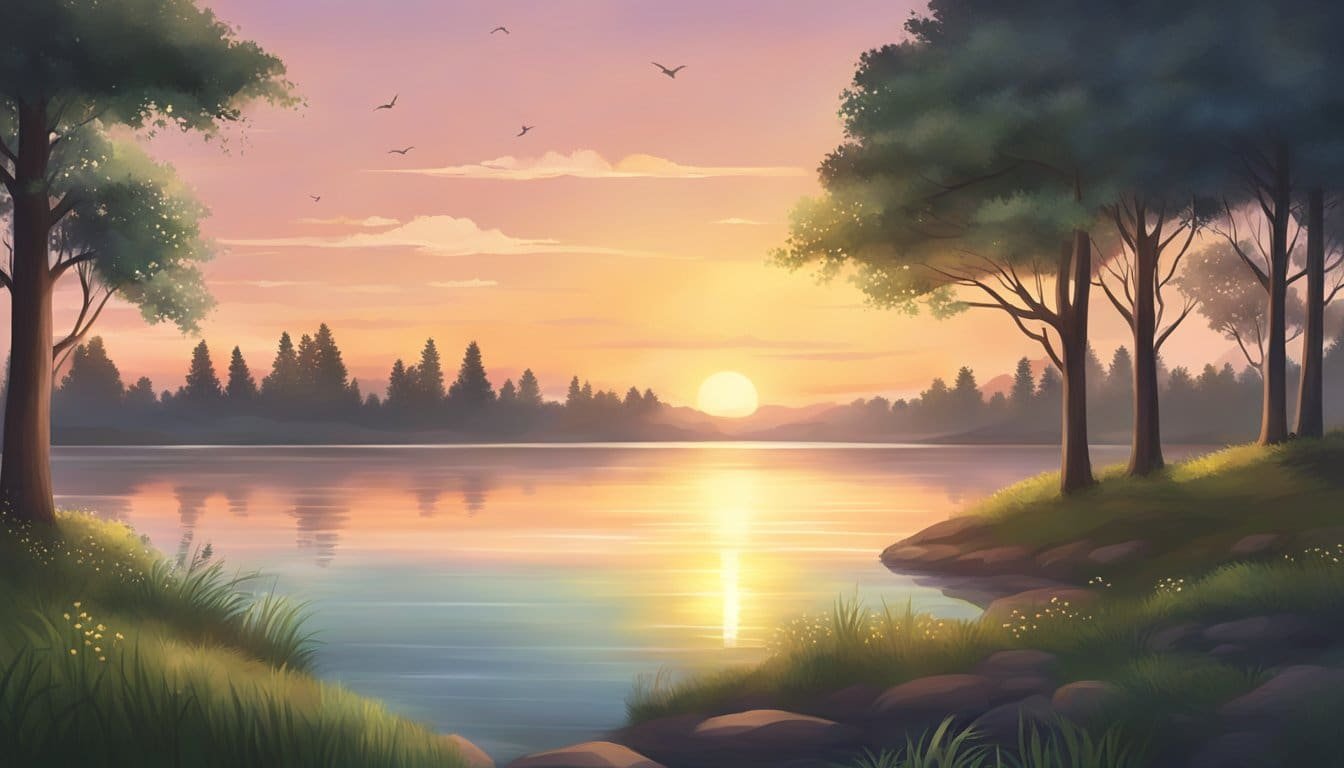 A peaceful sunset over a serene landscape with a calm body of water, surrounded by gentle, swaying trees and a clear, open sky