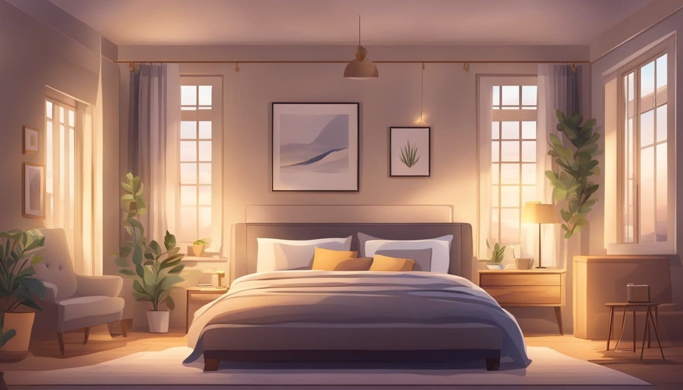 A peaceful bedroom with a soft, dimly lit atmosphere. A cozy bed with fluffy pillows and a warm blanket. A serene and tranquil setting for rest and relaxation