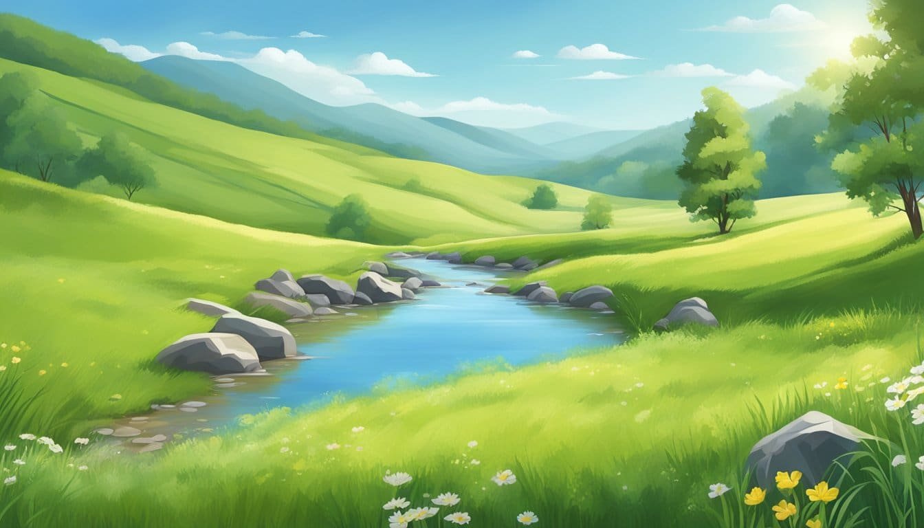 A peaceful meadow with a gentle stream, surrounded by lush green hills and a clear blue sky