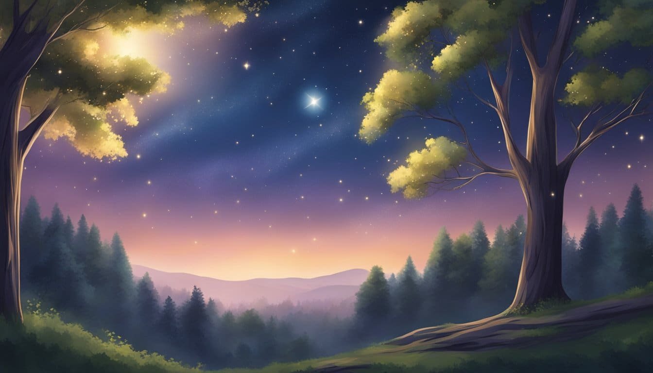 A serene night sky with stars shining brightly, a gentle breeze rustling through the trees, and a sense of peace and protection enveloping the scene