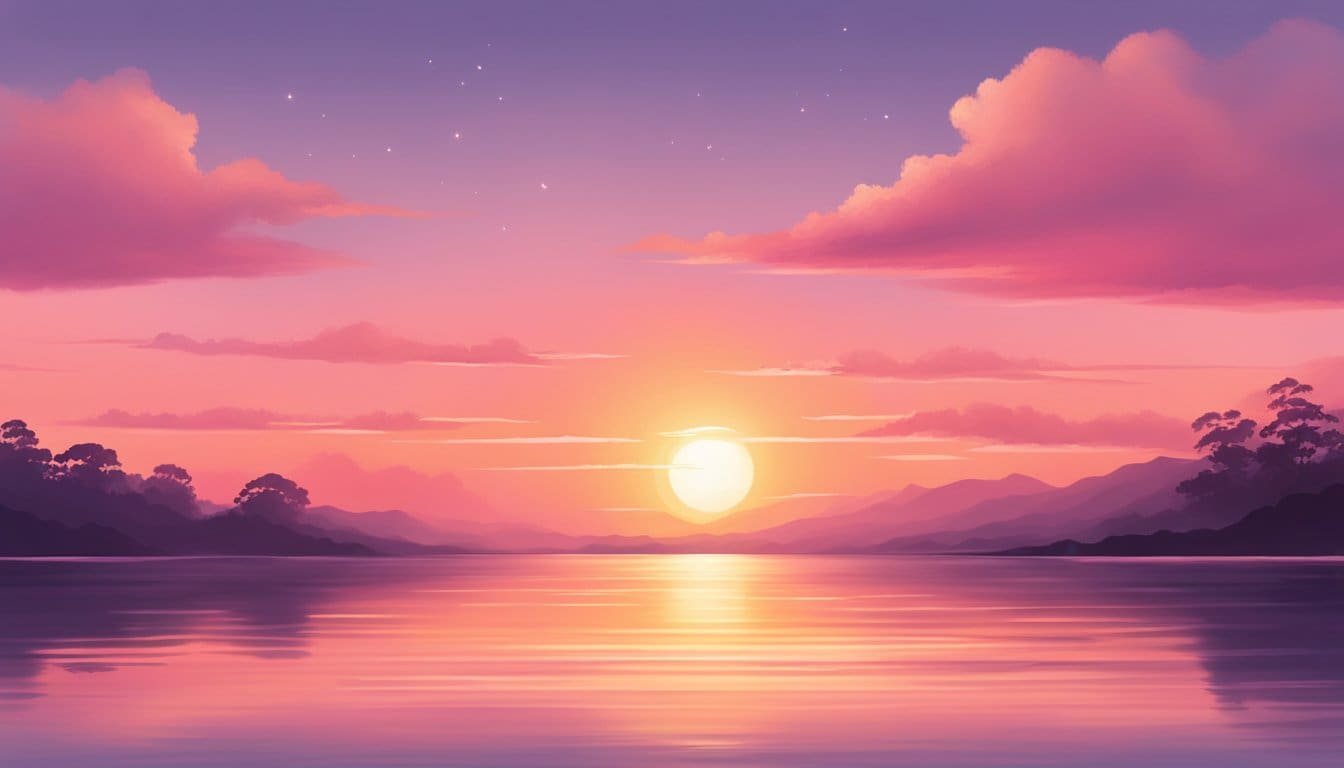 A tranquil sunset over a calm body of water, with the sky painted in warm hues of pink and orange, creating a peaceful and serene atmosphere