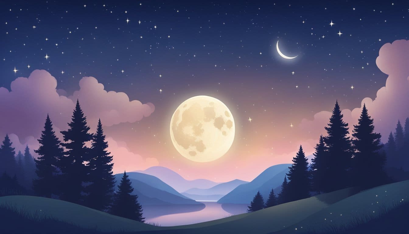 A serene night sky with a crescent moon and stars, surrounded by calm and tranquil nature, evoking a sense of peace and tranquility