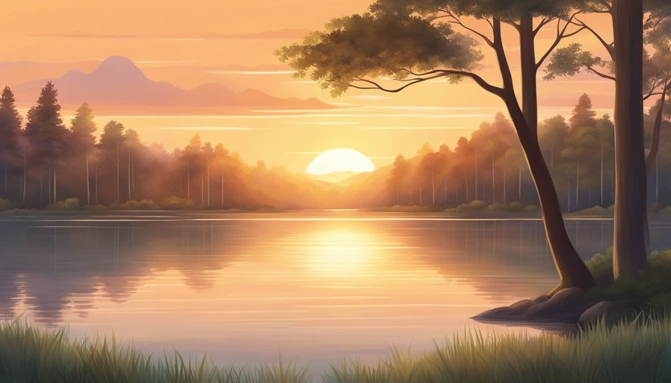 A serene sunset over a tranquil lake with a peaceful, inviting glow, surrounded by gentle, swaying trees. A sense of calm and restfulness emanates from the scene